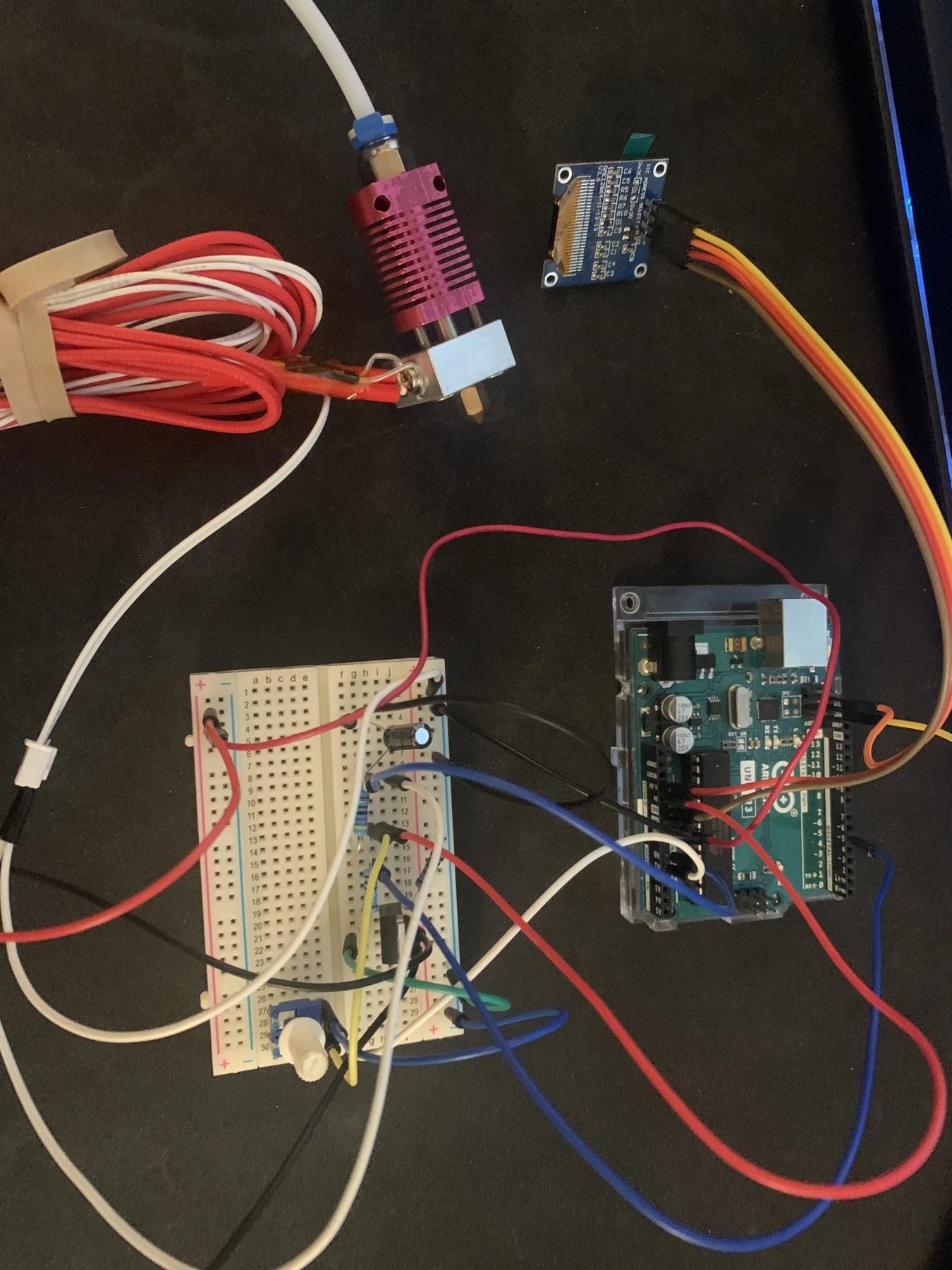 Early breadboard prototype of the filament machine’s control electronics